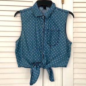 Forever 21 Denim Snap-up Polka Dot Crop Shirt